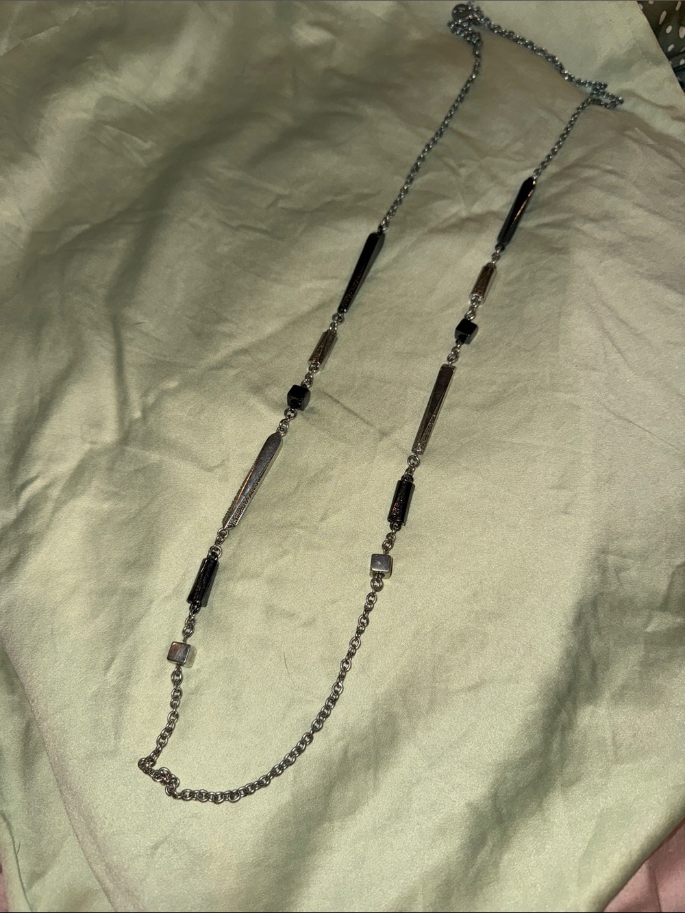 Source Unknown Silver and Black Long Beaded Necklace